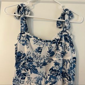 Blue and white floral dress reformation dupe